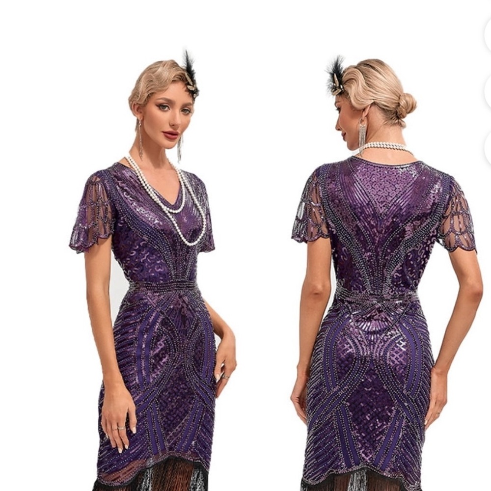 20s Theme Embellished V-Neck Purple Midi Dress - Picture 2 of 9